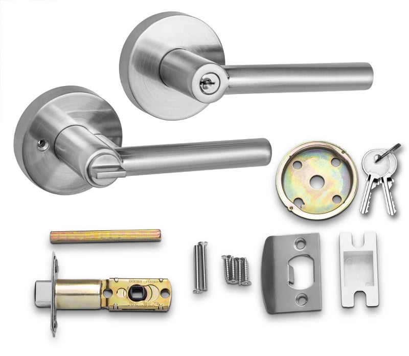 Berlin Modisch Entry Lever Door Handle Lock and Key Sleek Round Locking Lever Set [for Front Door or Office] Reversible for Right & Left Sided Doors Heavy Duty â€“ Satin Nickel Finish - Image 2